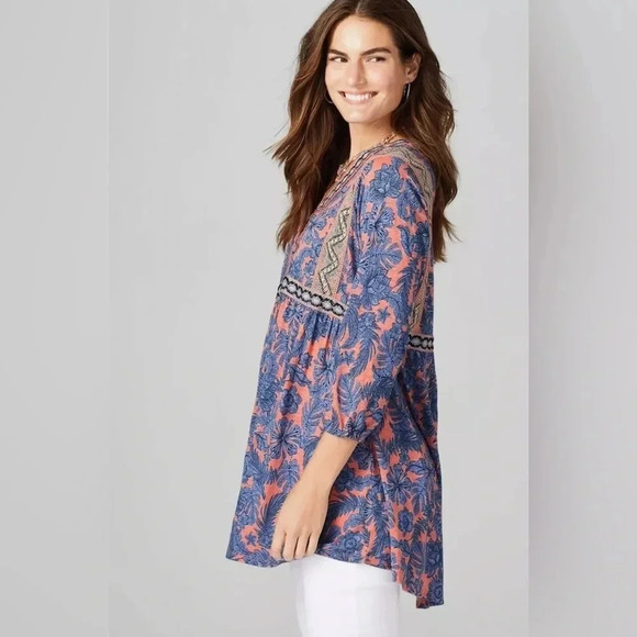 J Jill Sz MP Tunic Style Top Floral Boho Coral and Blue Metallic Lace Detail - Picture 2 of 10